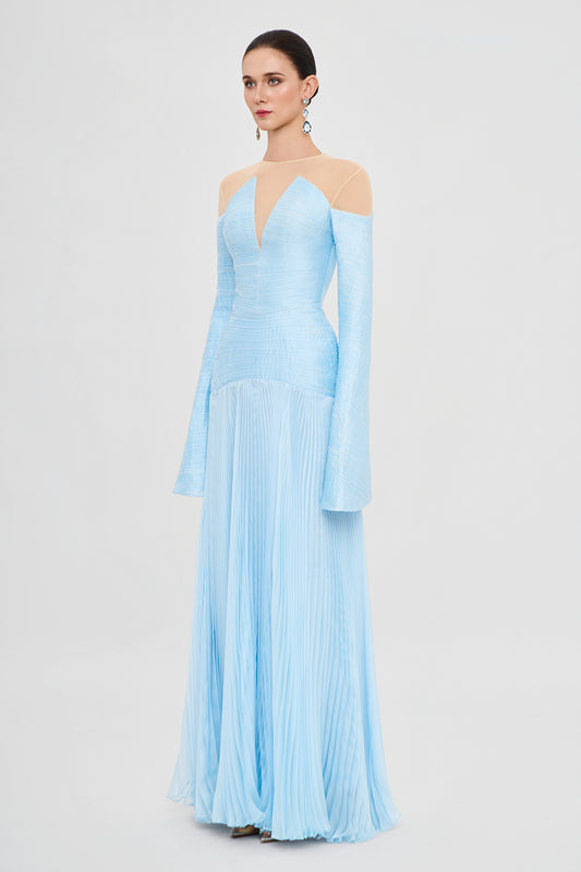 Azure Rhapsody Wide Sleeve Pleated Maxi Dress - MEAN BLVD
