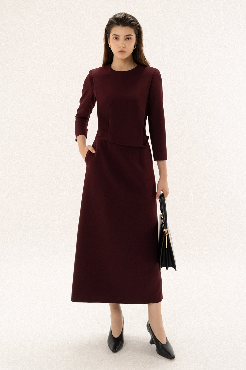 Women's Jennie A-Line Long Sleeved Polycotton Midi Dress S/M/L/Customize Deep Red Mean Blvd Deep Red / Customize