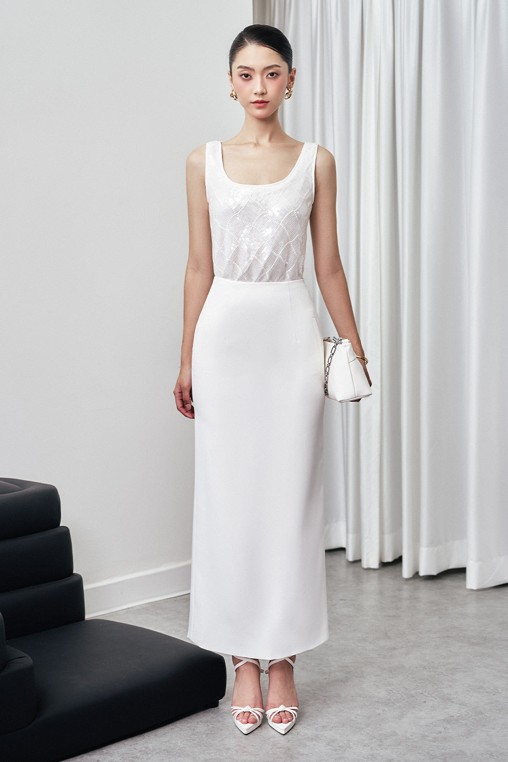 Women's Irene Straight Back Slit Twill Ankle Length Skirt S/M/L/Customize White MEAN BLVD L / Black