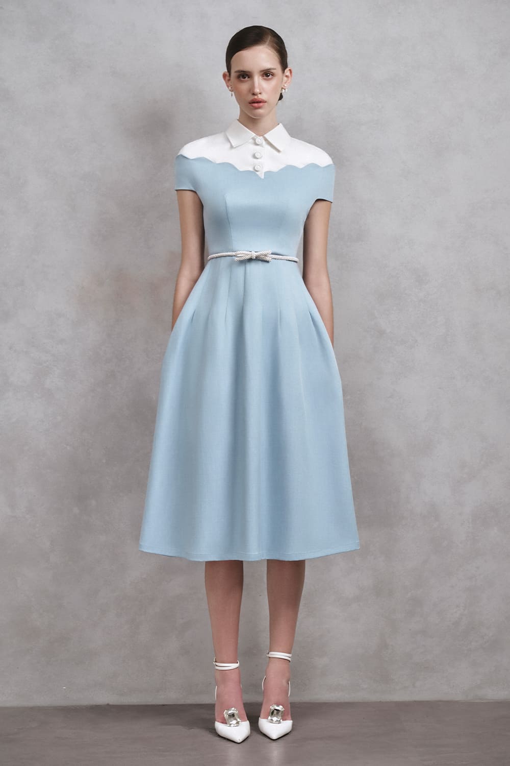 Women's Sky A-line Collared Neck Cotton Midi Dress S/M/L/Customize Blue/Pink/White MEAN BLVD Blue / S
