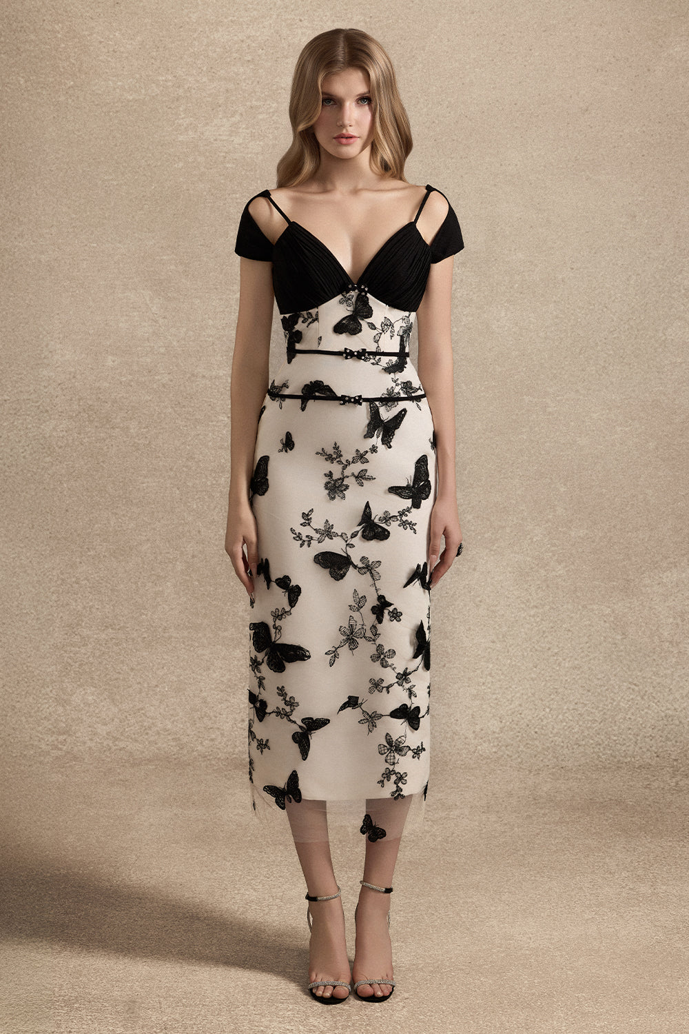 Women's Bellatrix Cold Shoulder Sleeve Applique Midi Dress S/M/L/Customize  Beige & Black MEAN BLVD