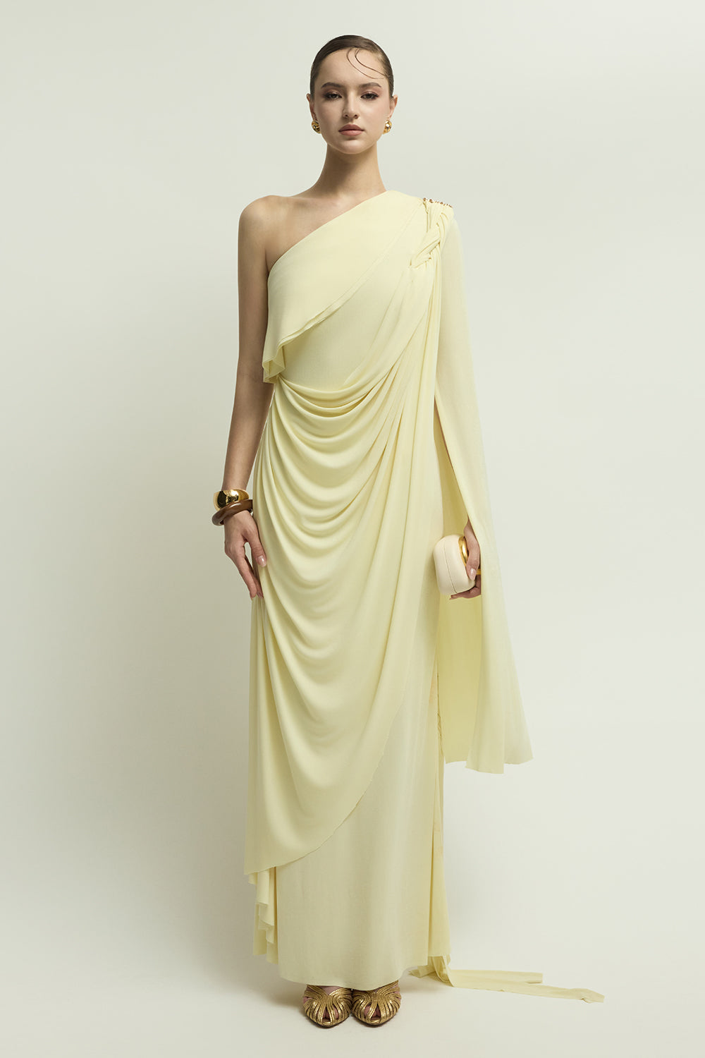 Women's Bollington One Shoulder Draped Maxi Dress S/M/L/XL/XXL/Customize Pastel  Yellow MEAN BLVD