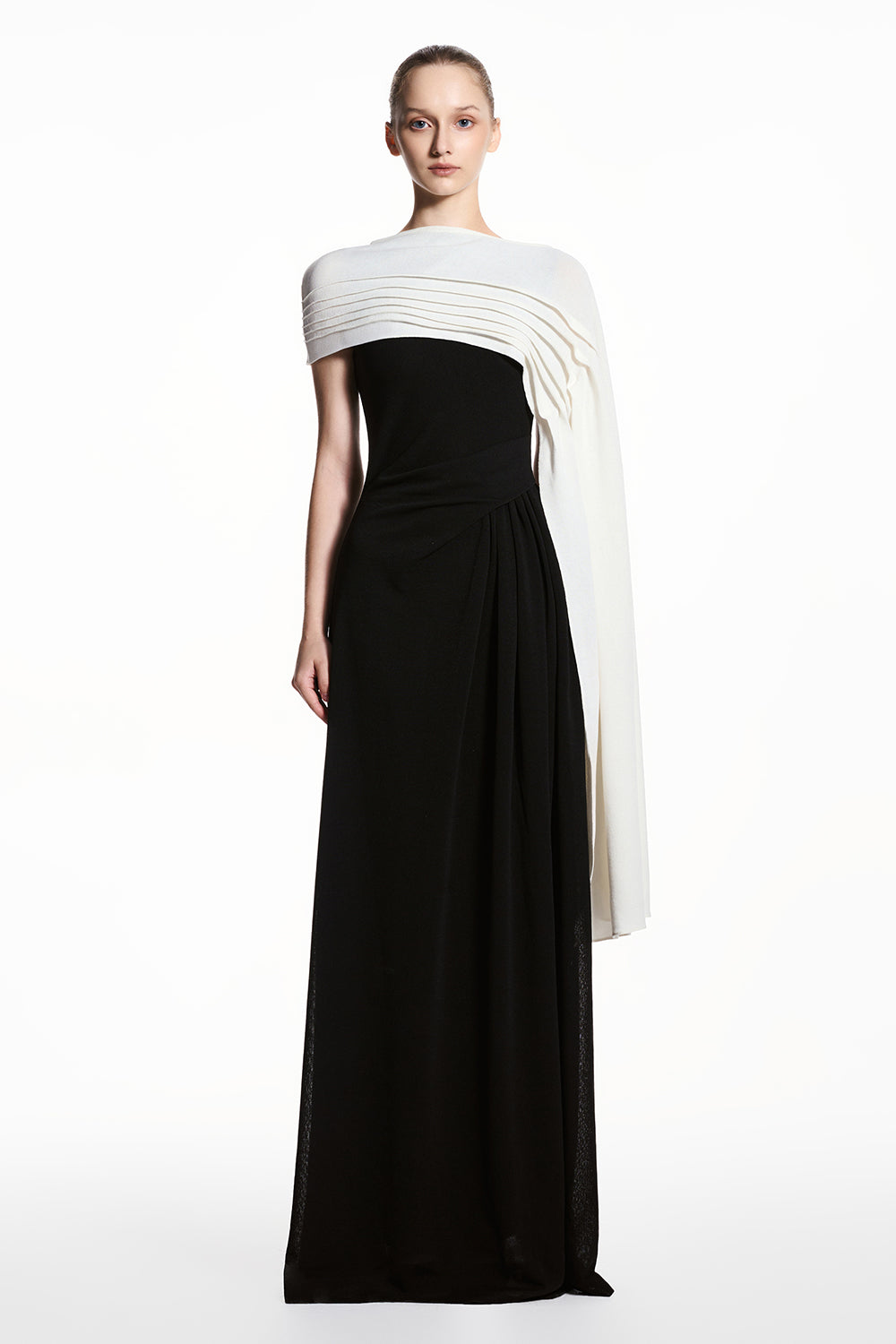 brisa maxi dress Women's Brisa Asymmetric Sleeve Pleated Maxi Dress S/M/L/XL/Customize Black & White/Burnt Orange MEAN BLVD Black & White / S