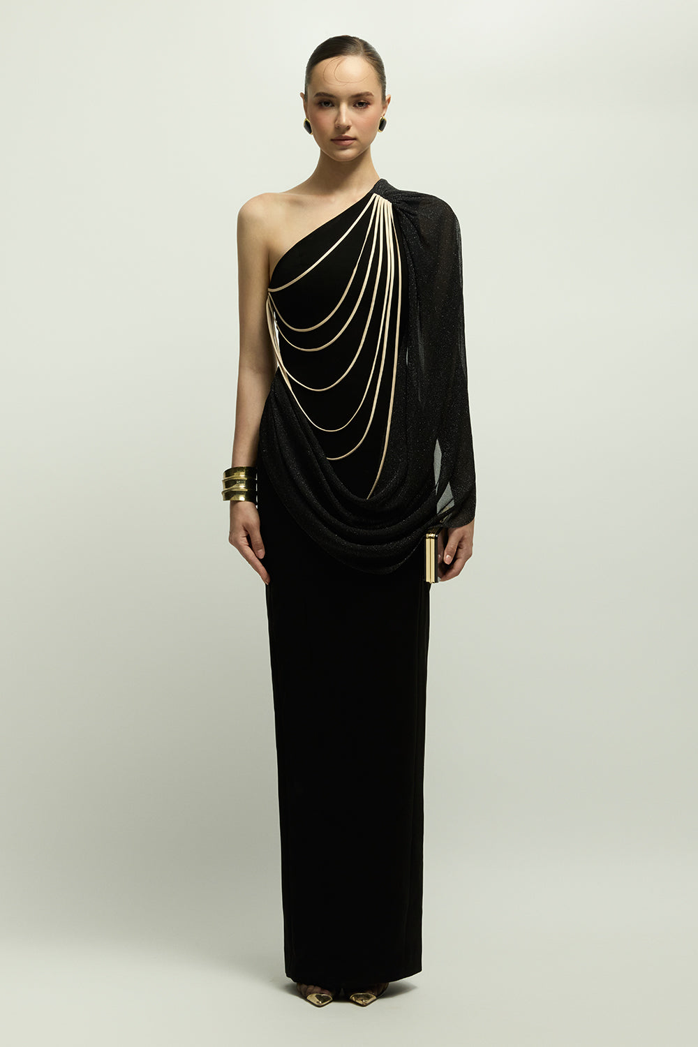 one shoulder chain dress Women's Bristol One Shoulder Chain Maxi Dress S/M/L/XL/XXL/Customize Black & Gold MEAN BLVD Black & Gold / S