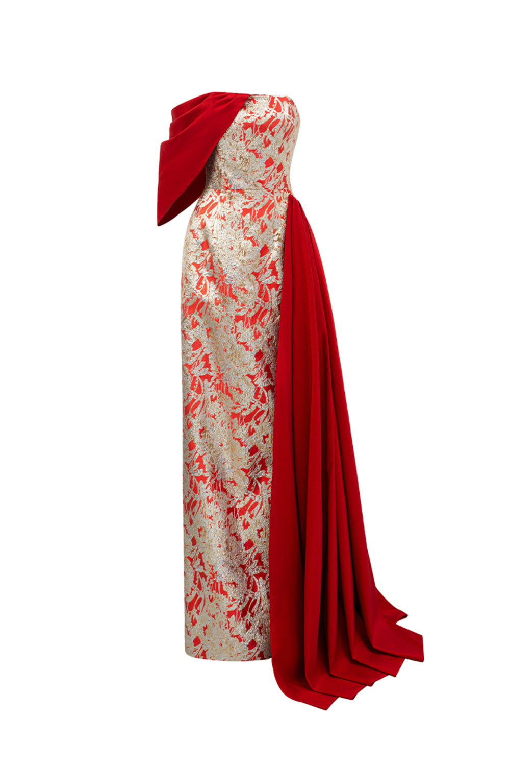 Women's Ximena Strapless Asymmetric Jacquard Floor Length Dress XS/S/M/L/XL/XXL/Customize Red Brocade MEAN BLVD Women's Ximena Strapless Asymmetric Jacquard Floor Length Dress XS/S/M/L/XL/XXL/Customize Red Brocade MEAN BLVD
