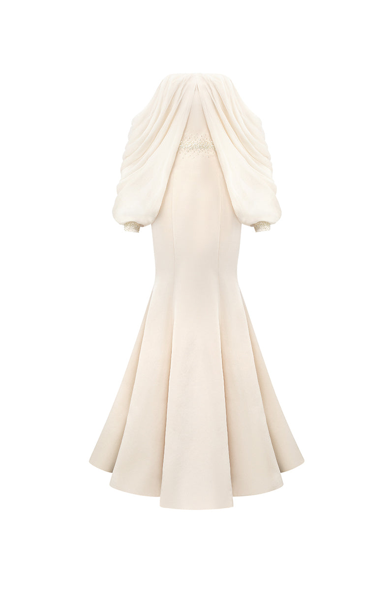 Women's Sabrina Cold Shoulder Sleeve Maxi Dress XS/S/M/L/XL/XXL/Customize Pearled Ivory/Pastel Pink/Emerald/Black MEAN BLVD Pearled Ivory / Customize
