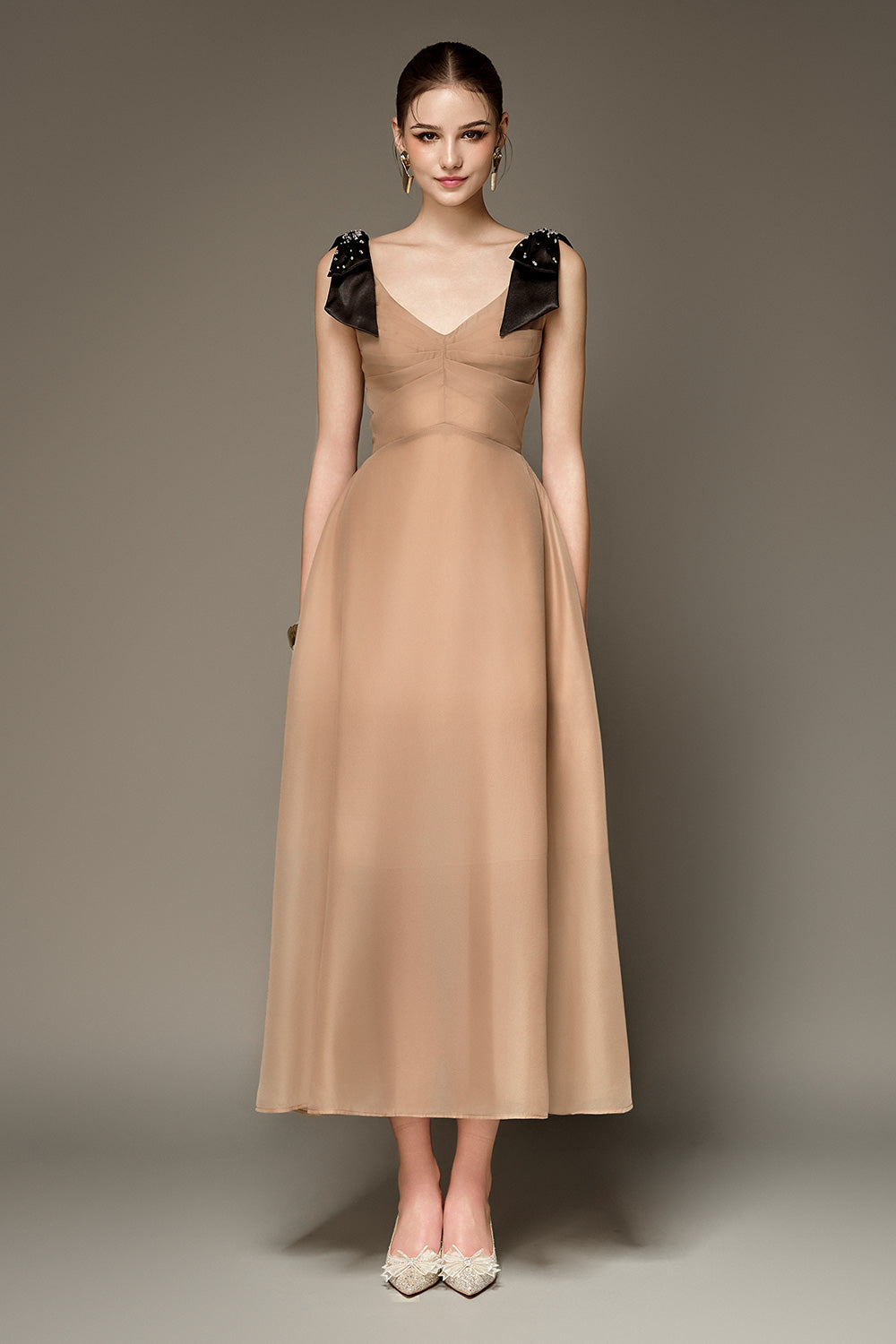 Women's Claire A-line V-Neck Chiffon Midi Dress S/M/L/Customize Dark Beige MEAN BLVD Dark Beige / Customize Women's Claire A-line V-Neck Chiffon Midi Dress S/M/L/Customize Dark Beige MEAN BLVD Dark Beige / Customize
