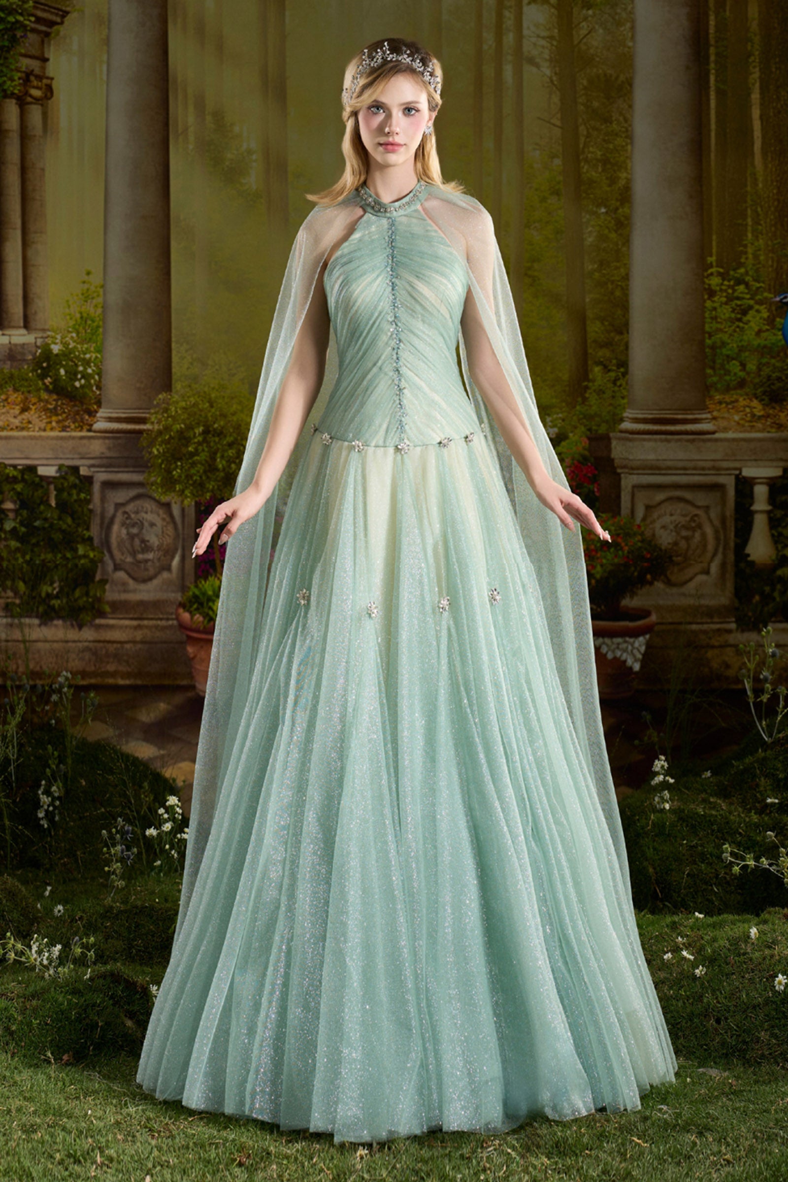 Women's Callista Cape Sleeve Bead Maxi Dress XS/S/M/L/XL/Customize Pastel Turquoise MEAN BLVD Pastel Turquoise / M