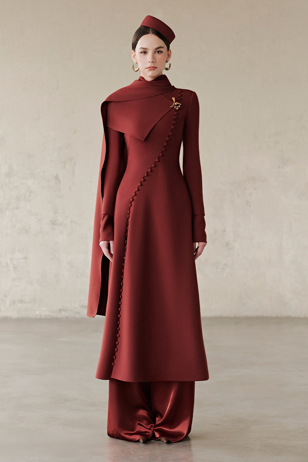 Women's Callum Scarf Button Midi Dress S/M/L/Customize Deep Merlot MEAN BLVD