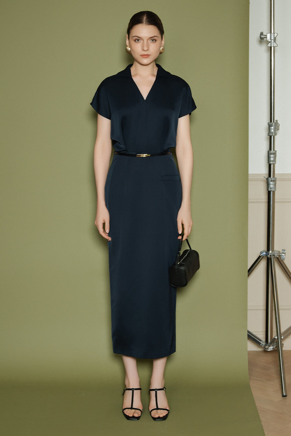 Women's Camila V-Neck Satin Midi Dress S/M/L/Customize Dark Navy MEAN BLVD Dark Navy / L Women's Camila V-Neck Satin Midi Dress S/M/L/Customize Dark Navy MEAN BLVD Dark Navy / L