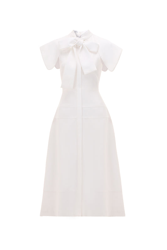 Rosette A-line Bow Tie Ribbed Scuba Midi Dress
