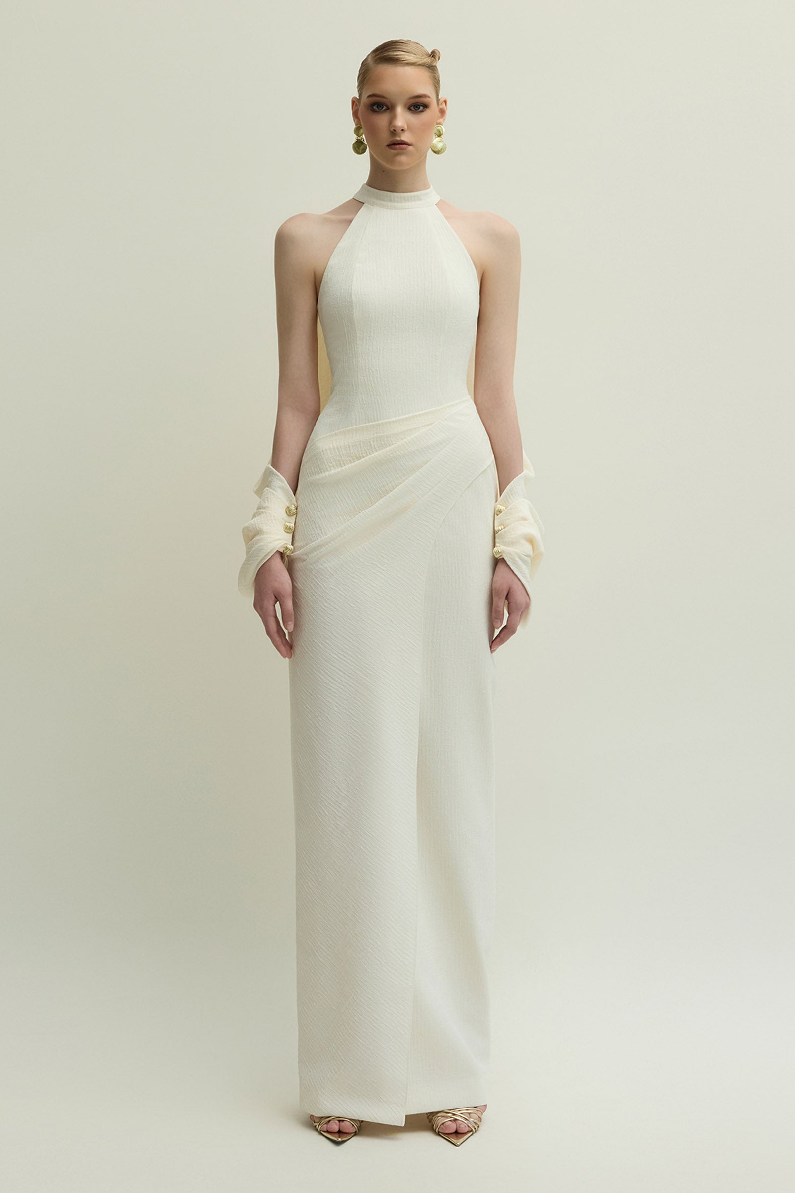 carlyle maxi dress Women's Carlyle II Halter Draped Maxi Dress S/M/L/XL/XXL/Customize Ivory &  Beige MEAN BLVD