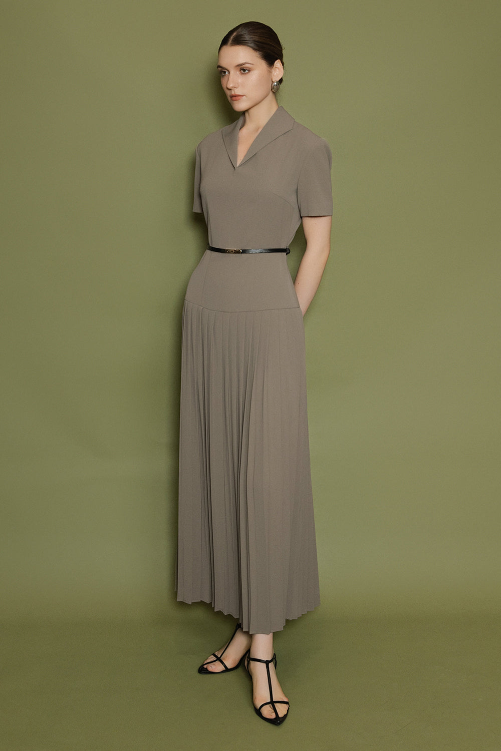 Women's Celeste Collared Pleated Maxi Dress S/M/L/Customize Taupe Gray MEAN  BLVD