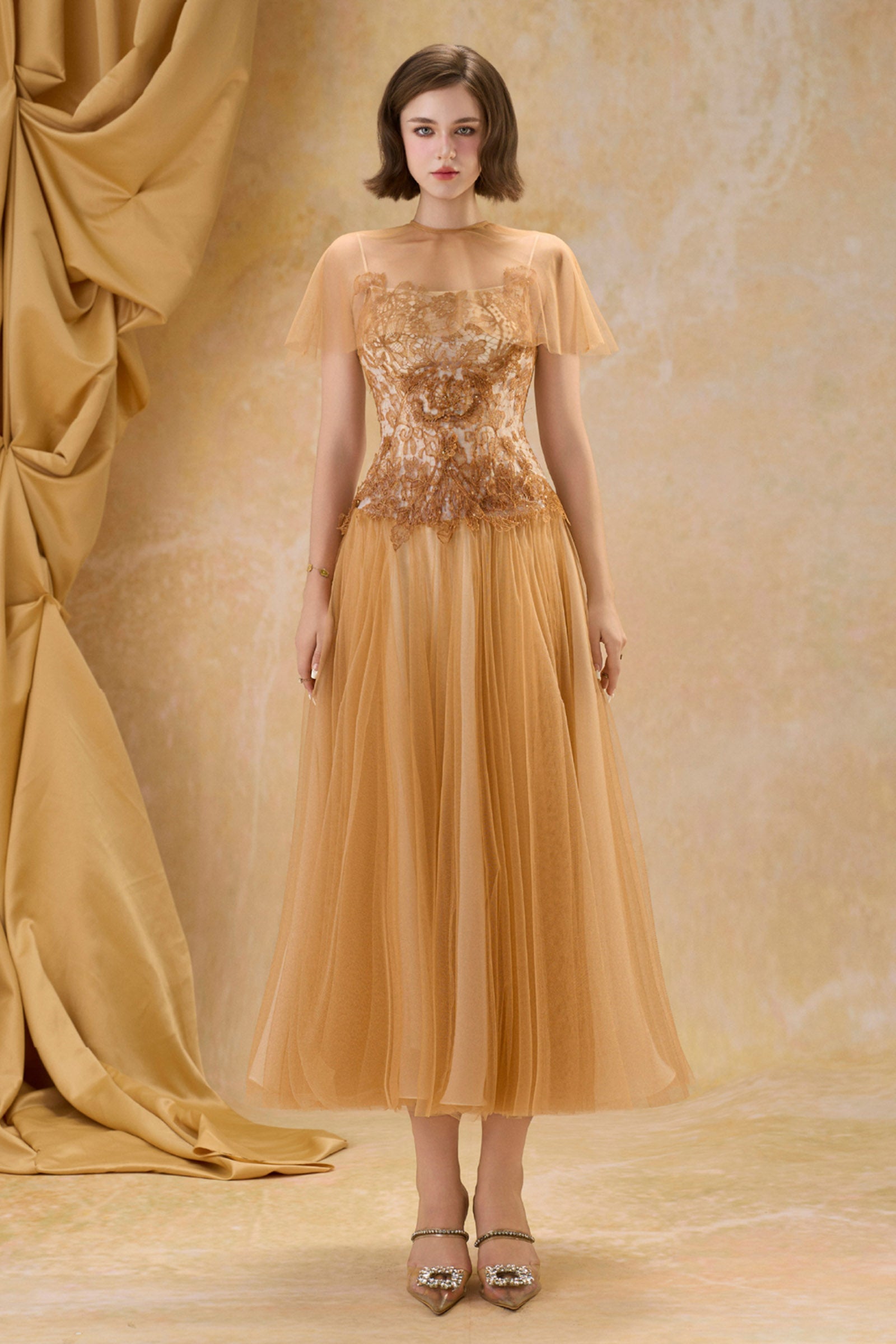 Women's Claire Illusion Embroidery Midi Dress XS/S/M/L/XL/Customize Honey  Yellow MEAN BLVD