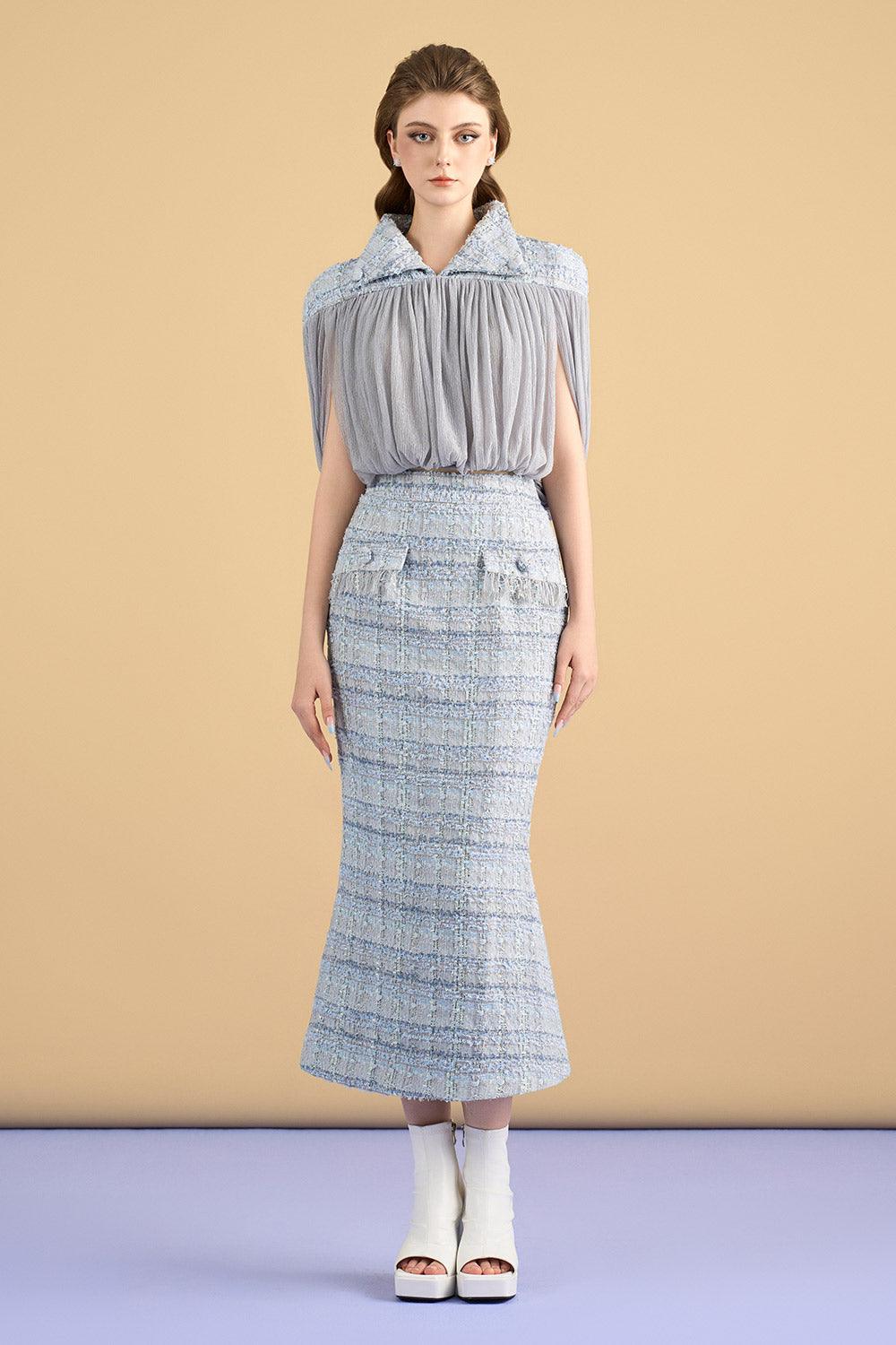 Tweed Pleated Button Midi Skirt