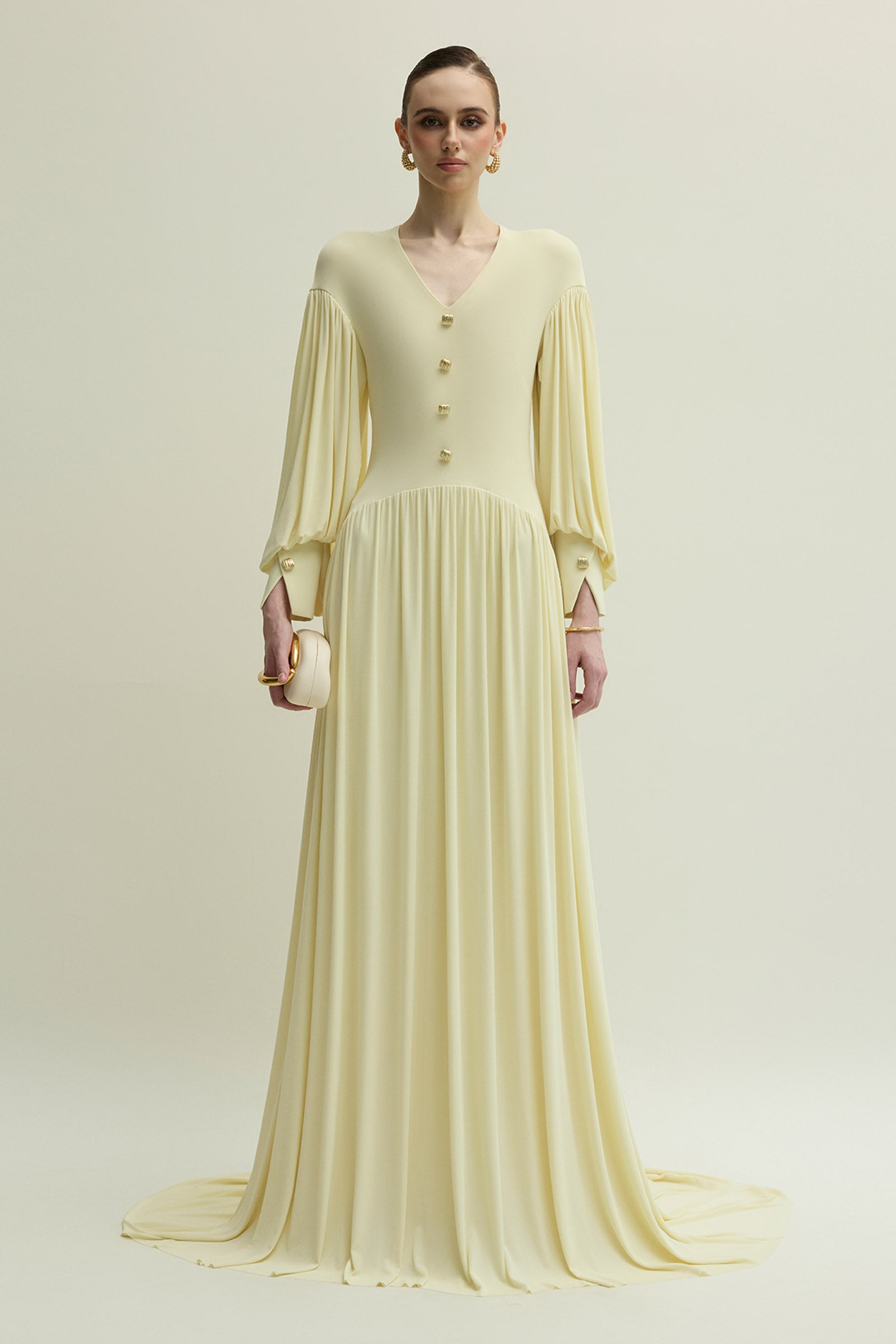 Women's Cranley Bishop Sleeve Button Maxi Dress S/M/L/XL/XXL/Customize  Pastel Yellow MEAN BLVD