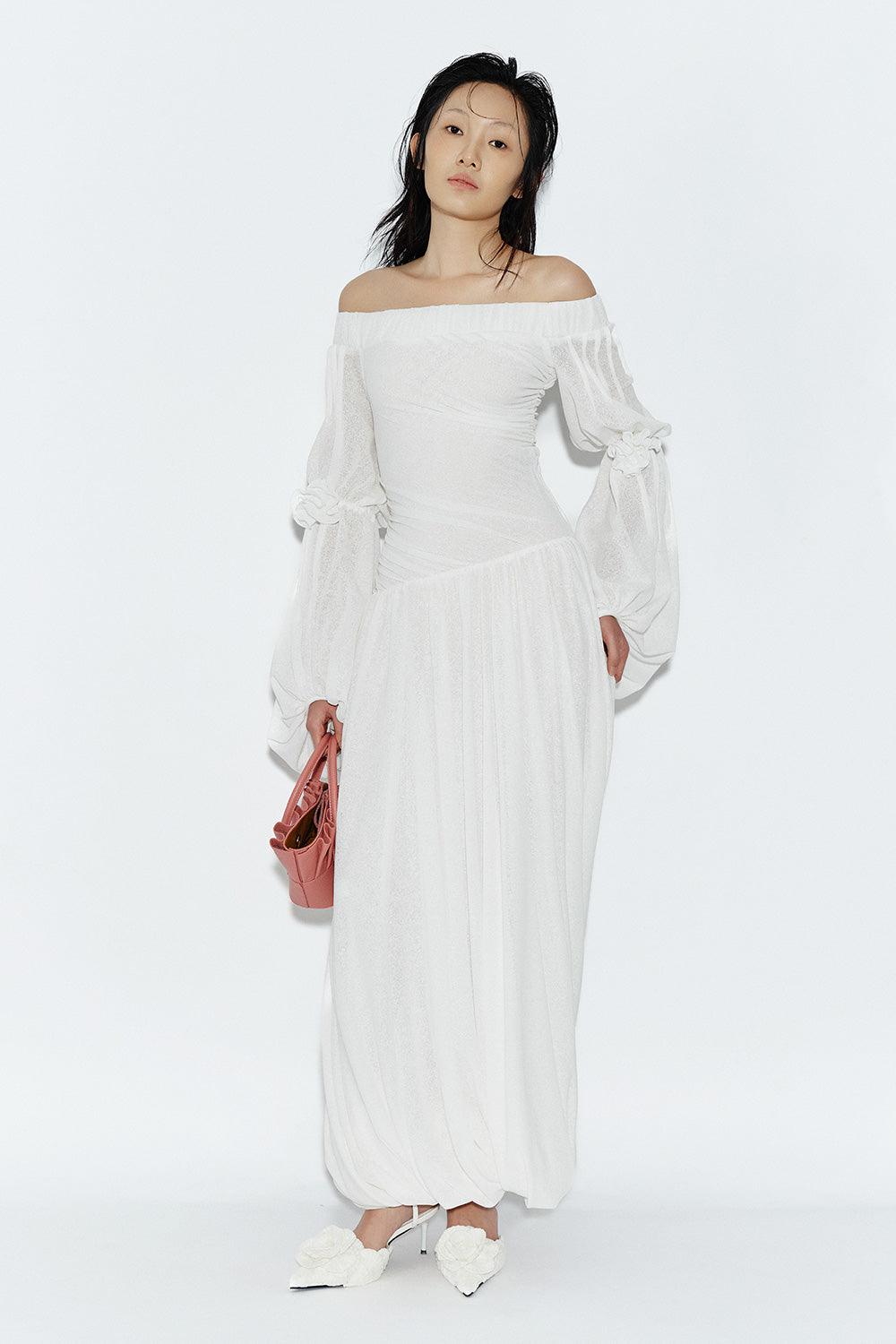 Women's SpikyRose Gathered Off-Shoulder Spandex Maxi Dress XS/S/M/L/Customize White Mean Blvd White / Customize