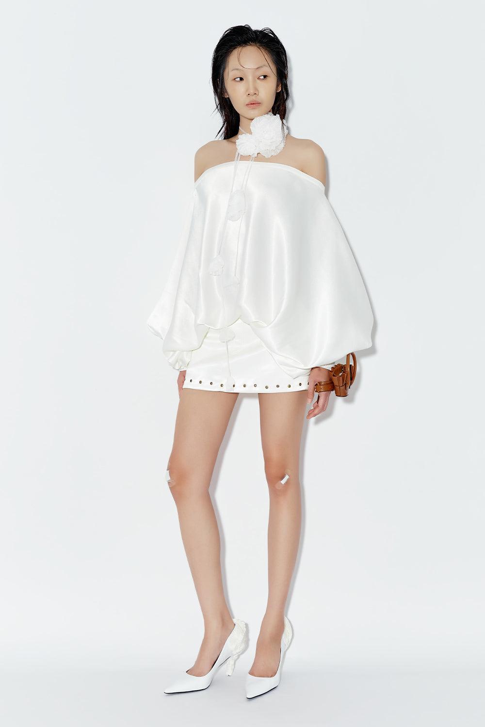 off the shoulder silk mini dress Women's Marbles Blouson Off-Shoulder Silk Mini Dress XS/S/M/L/Customize White MEAN BLVD White / S
