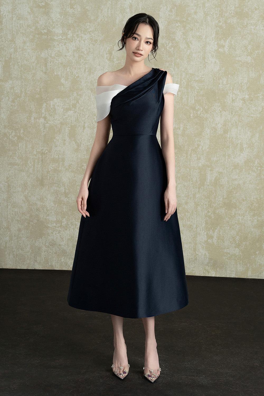 Women's Maven A-line Cold Shoulder Sleeved Taffeta Midi Dress XS/S/M/L/XL/Customize Blue MEAN BLVD Blue / S