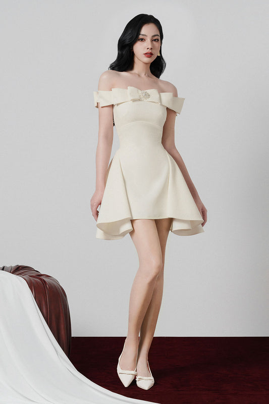 Theodora A-line Open Shoulder Tweed Mini Dress