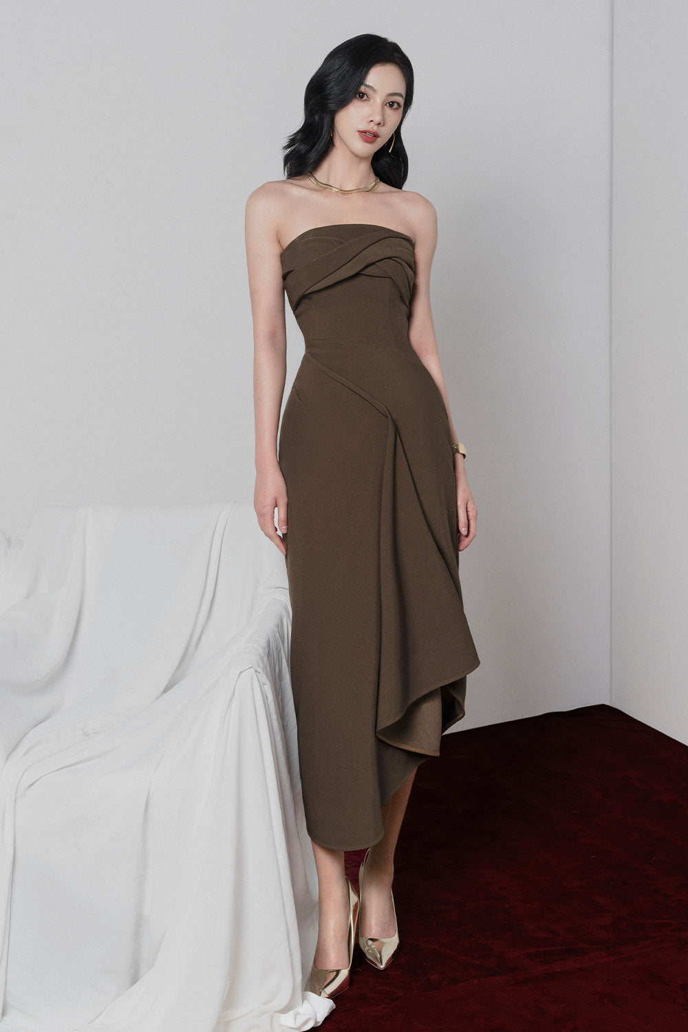 carmen midi dress Women's Carmen Strapless Asymmetric Kate Midi Dress XS/S/M/L/XL/Customize  Brown MEAN BLVD
