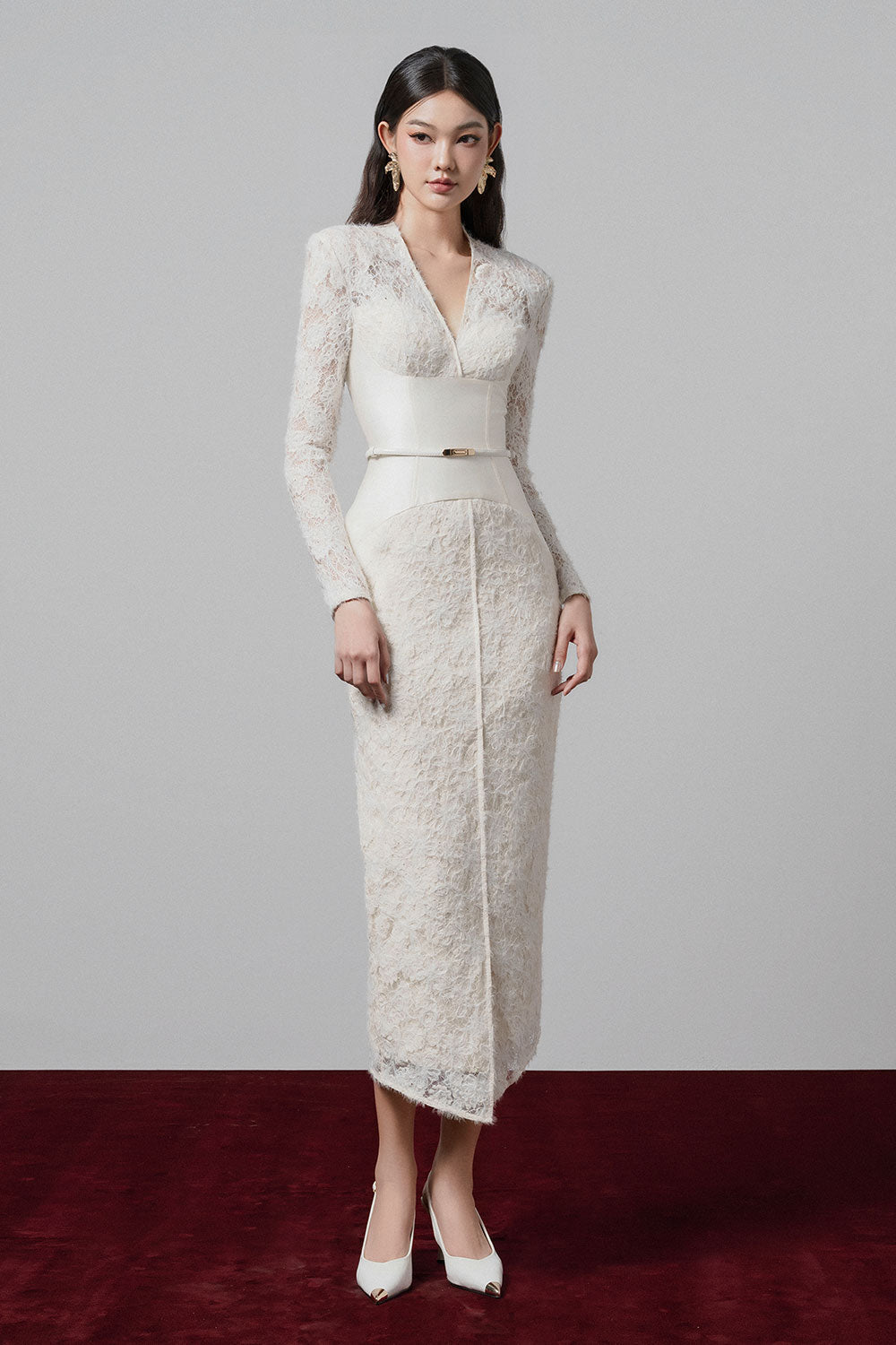 Women's Gaia Sheath V-Neck Lace Midi Dress XS/S/M/L/XL/Customize Cream MEAN BLVD Cream / S Women's Gaia Sheath V-Neck Lace Midi Dress XS/S/M/L/XL/Customize Cream MEAN BLVD Cream / S