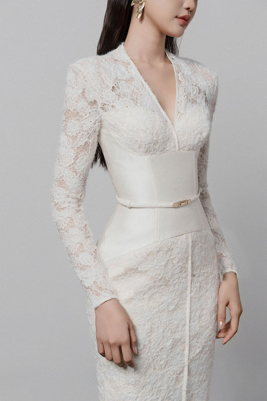 Gaia Sheath V-Neck Lace Midi Dress