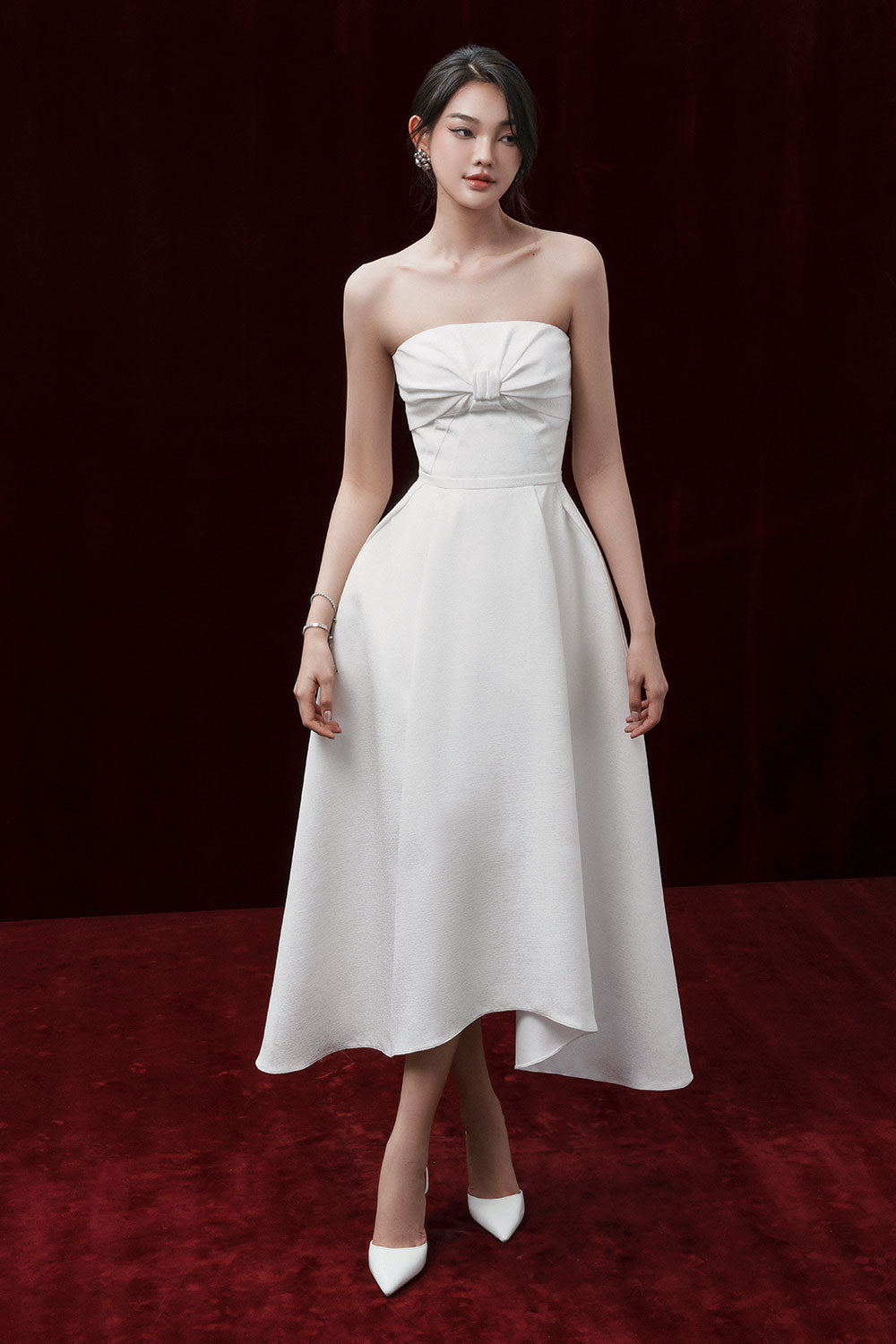 aline white midi dress Jarlo high neck structured A-line midi dress in ivory