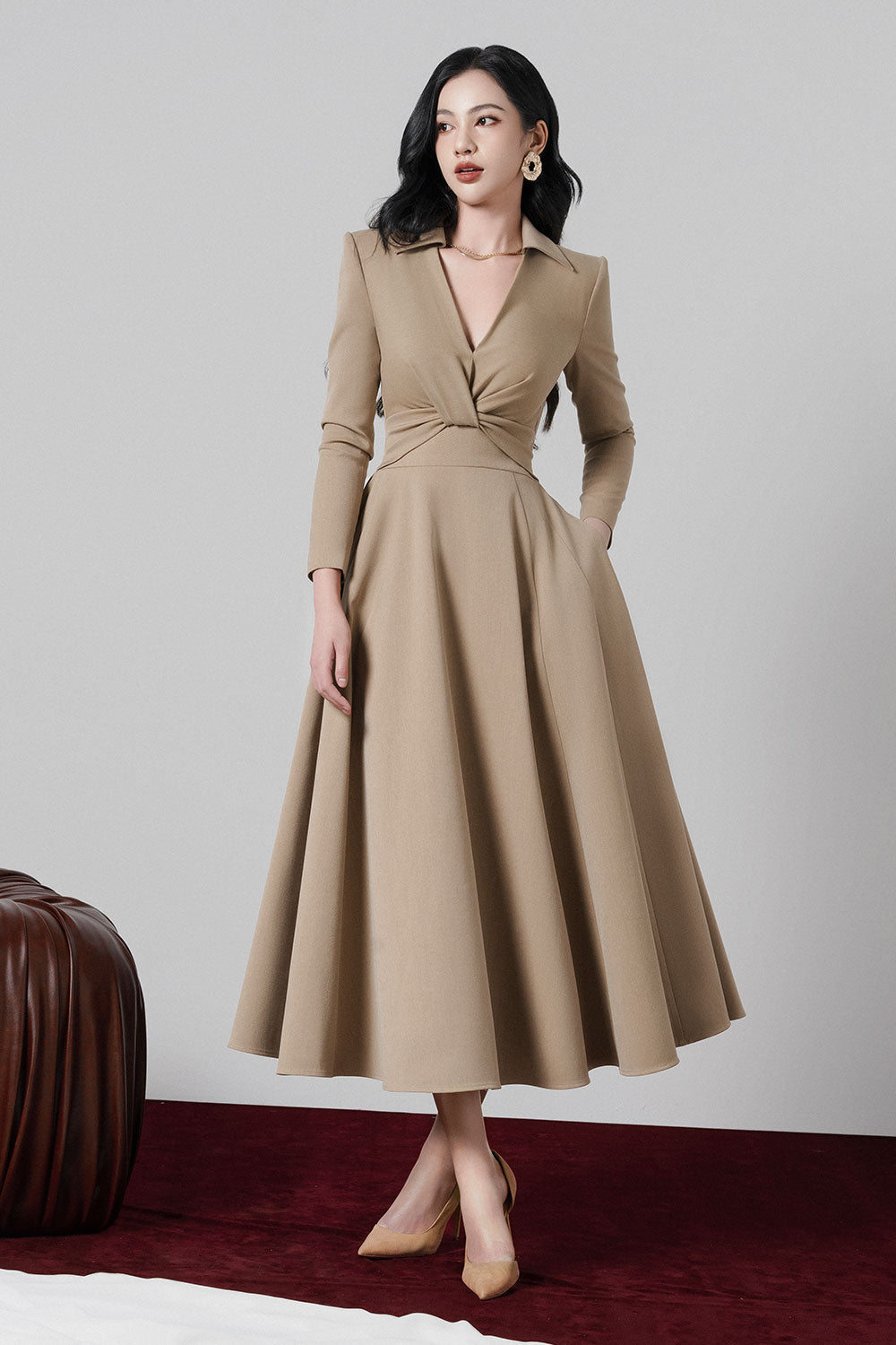 Women's Elowyn Fit and Flare V-Neck Khaki Midi Dress XS/S/M/L/XL/Customize  Brown MEAN BLVD
