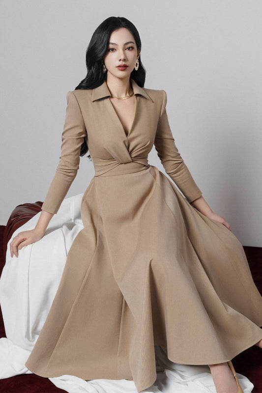 Elowyn Fit and Flare V-Neck Khaki Midi Dress