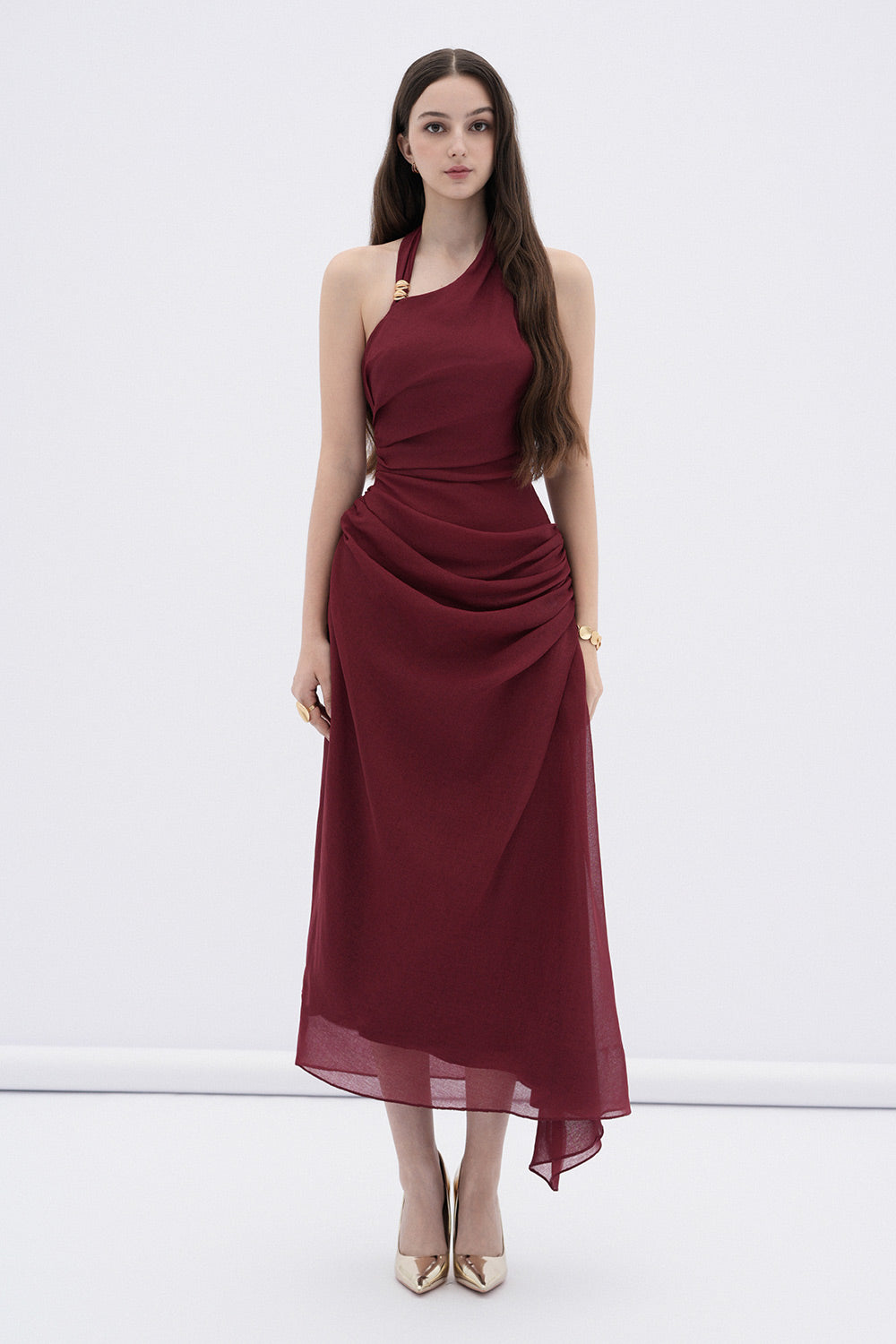 Women's Elowen A-line Halter Neck Linen Midi Dress XS/S/M/L/XL/Customize Black/Samba Red MEAN BLVD Black / S
