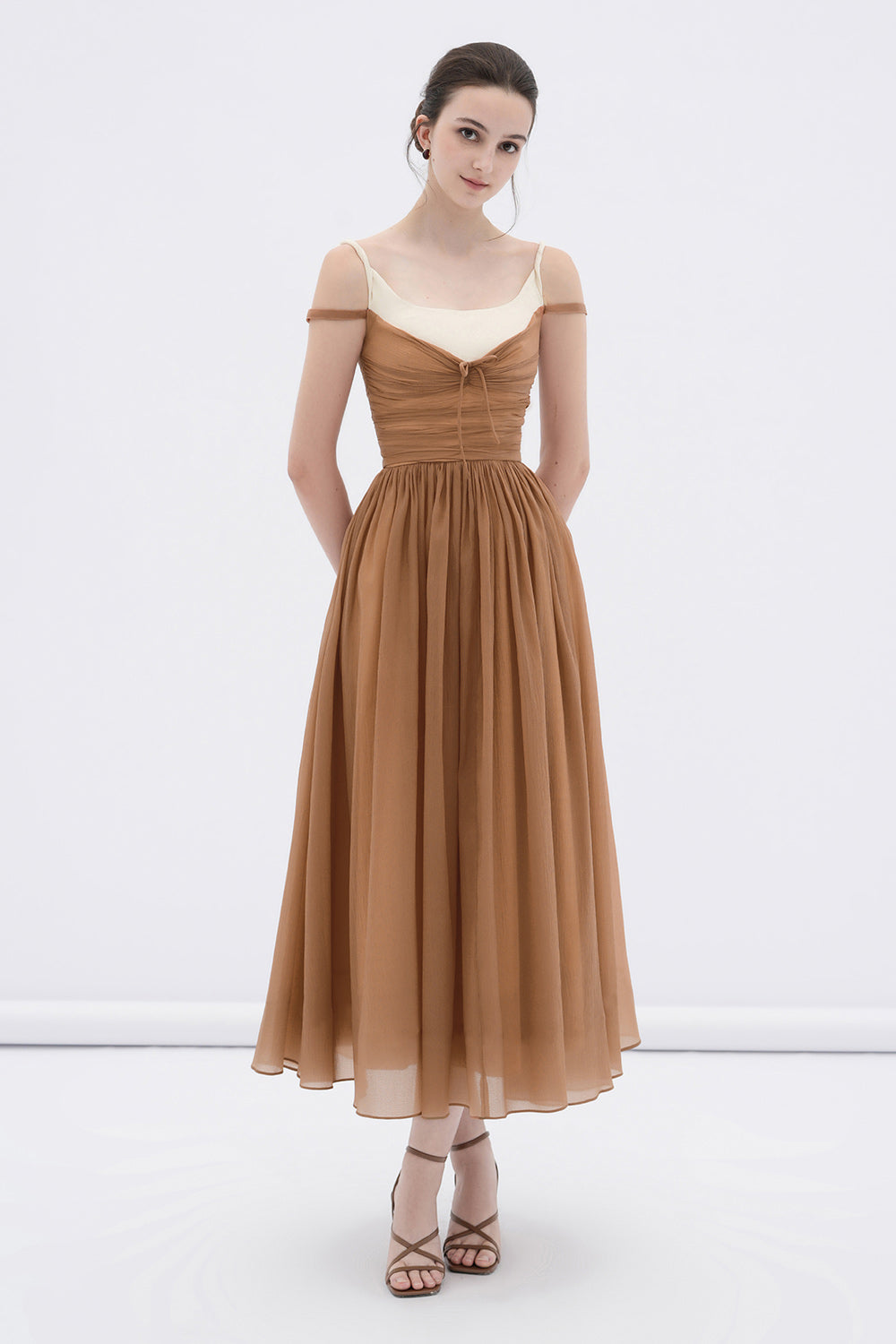 Women's Cornish A-line Cold Shoulder Sleeved Voile Midi Dress XS/S/M/L/XL Brown MEAN BLVD Women's Cornish A-line Cold Shoulder Sleeved Voile Midi Dress XS/S/M/L/XL Brown MEAN BLVD