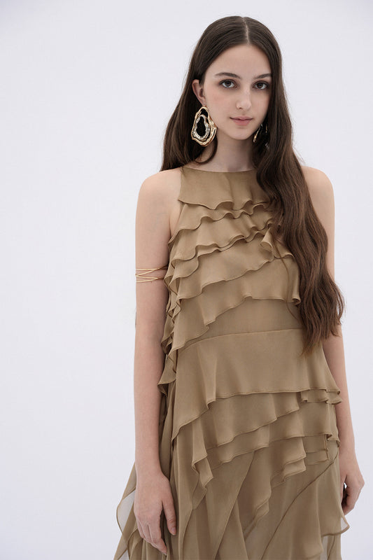 Brune Straight Ruffle Layer Chiffon Maxi Dress