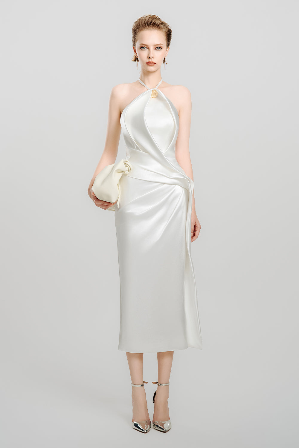 Women's Silken Moon Sheath Halter Neck Satin Midi Dress Customize Cream White MEAN BLVD Women's Silken Moon Sheath Halter Neck Satin Midi Dress Customize Cream White MEAN BLVD