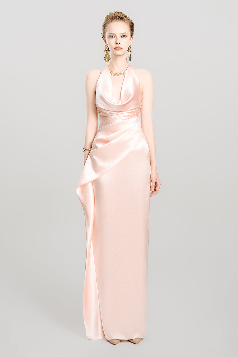 Women's Blush Mist Sheath Cowl Neck Satin Maxi Dress Customize Pastel Pink Mean Blvd