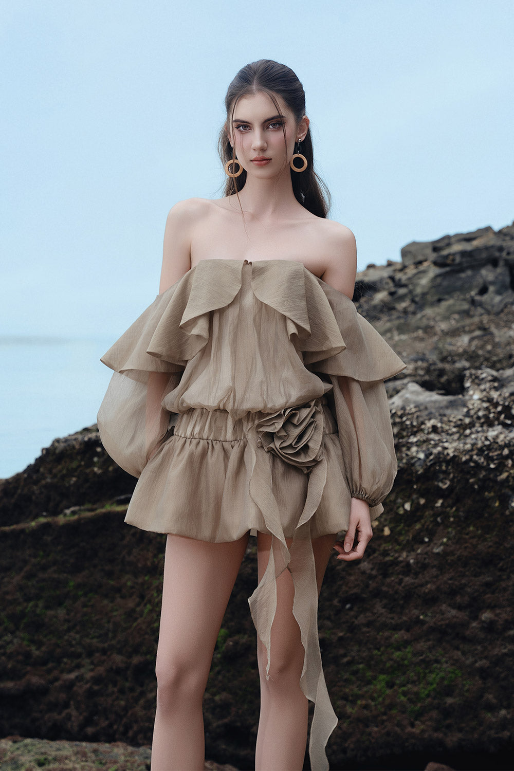 blouson shoulder mini dress Women's Liora Blouson Off-Shoulder Organza Mini Dress S/M/L/Customize Brown MEAN BLVD Brown / M