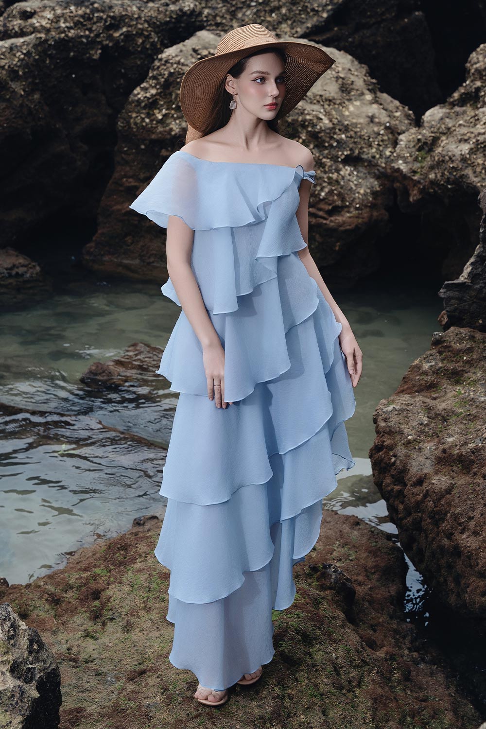 Women's Joana Layered Off-Shoulder Organza Maxi Dress S/M/L/Customize Aquamarine Blue MEAN BLVD Aquamarine Blue / M