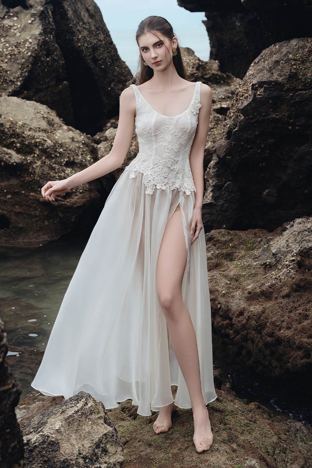 Women's Vesper Fit and Flare Side Slit Chiffon Ankle Length Dress S/M/L/Customize White Nude MEAN BLVD White Nude / Customize
