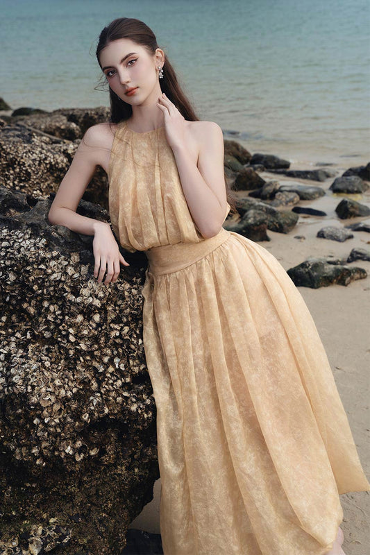 Timothy Blouson Halter Neck Silk Organza Midi Dress