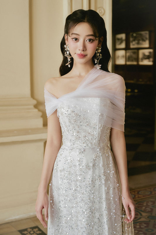 Thien Kim Sheath Asymmetric Shoulder Lace Midi Ao Dai