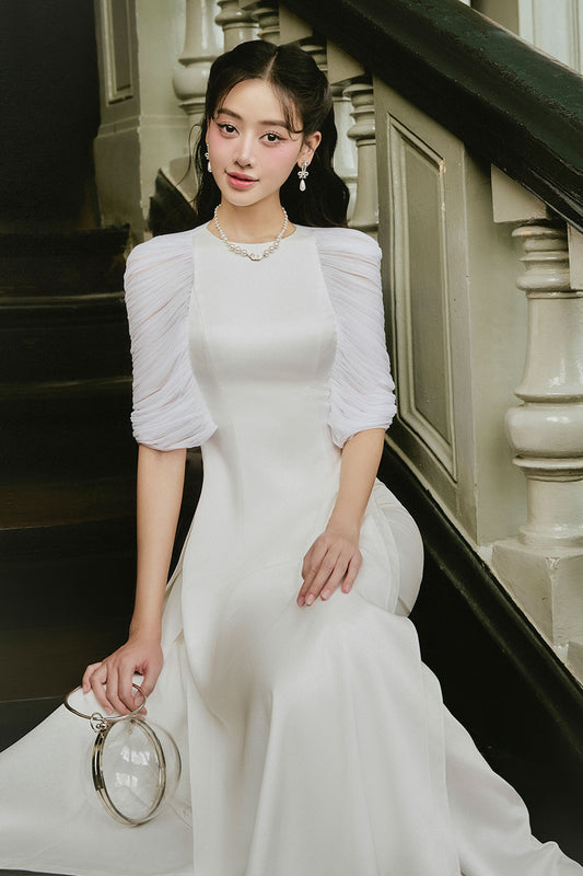 Uyen Nhi 2 A-line Puffy Sleeved Silk Satin Midi Ao Dai