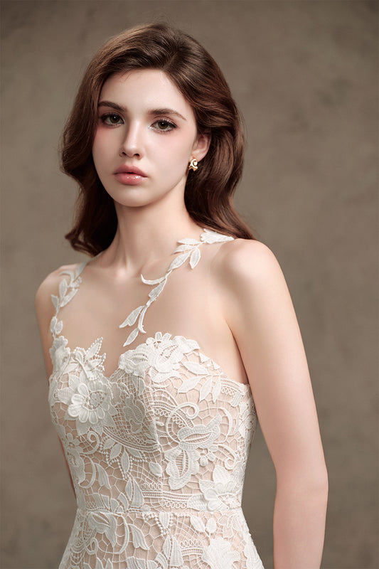 Erica A-line Illusion Neck Lace Midi Dress