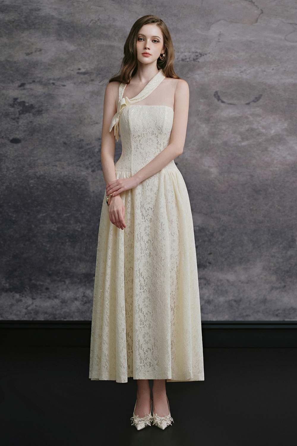 Women's Daisy Asymmetric Neck Ribbon Midi Dress S/M/L/Customize Ivory MEAN BLVD Ivory / S Women's Daisy Asymmetric Neck Ribbon Midi Dress S/M/L/Customize Ivory MEAN BLVD Ivory / S