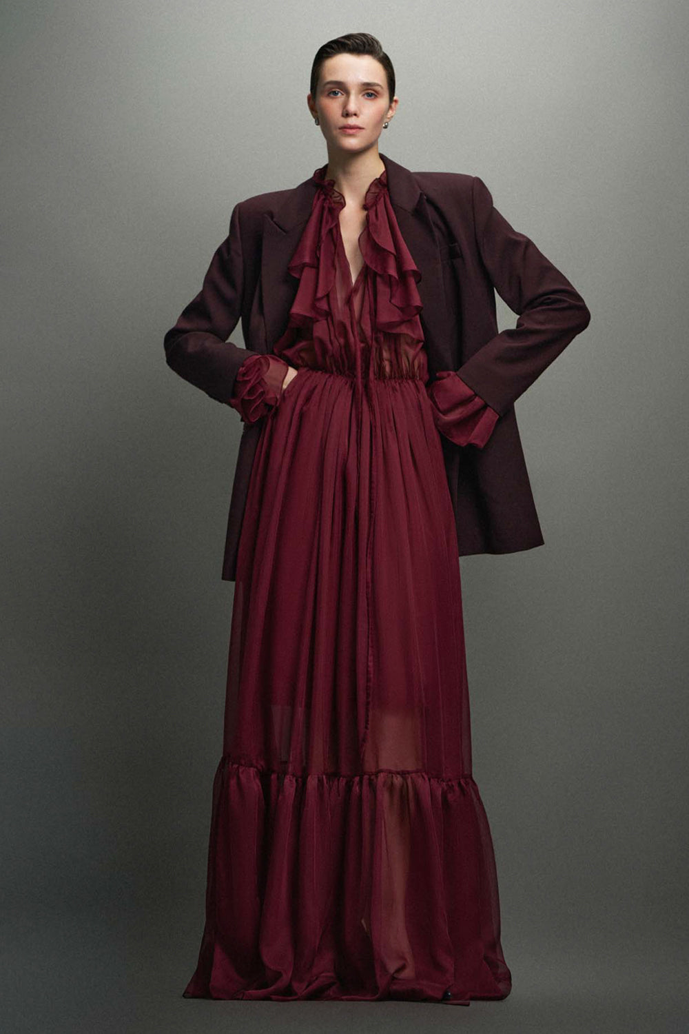 open lace back dress Women's Cecelia Blouson Sheer Chiffon Maxi Dress S/M/L/XL/Customize Light  Brown/Wine Red MEAN BLVD