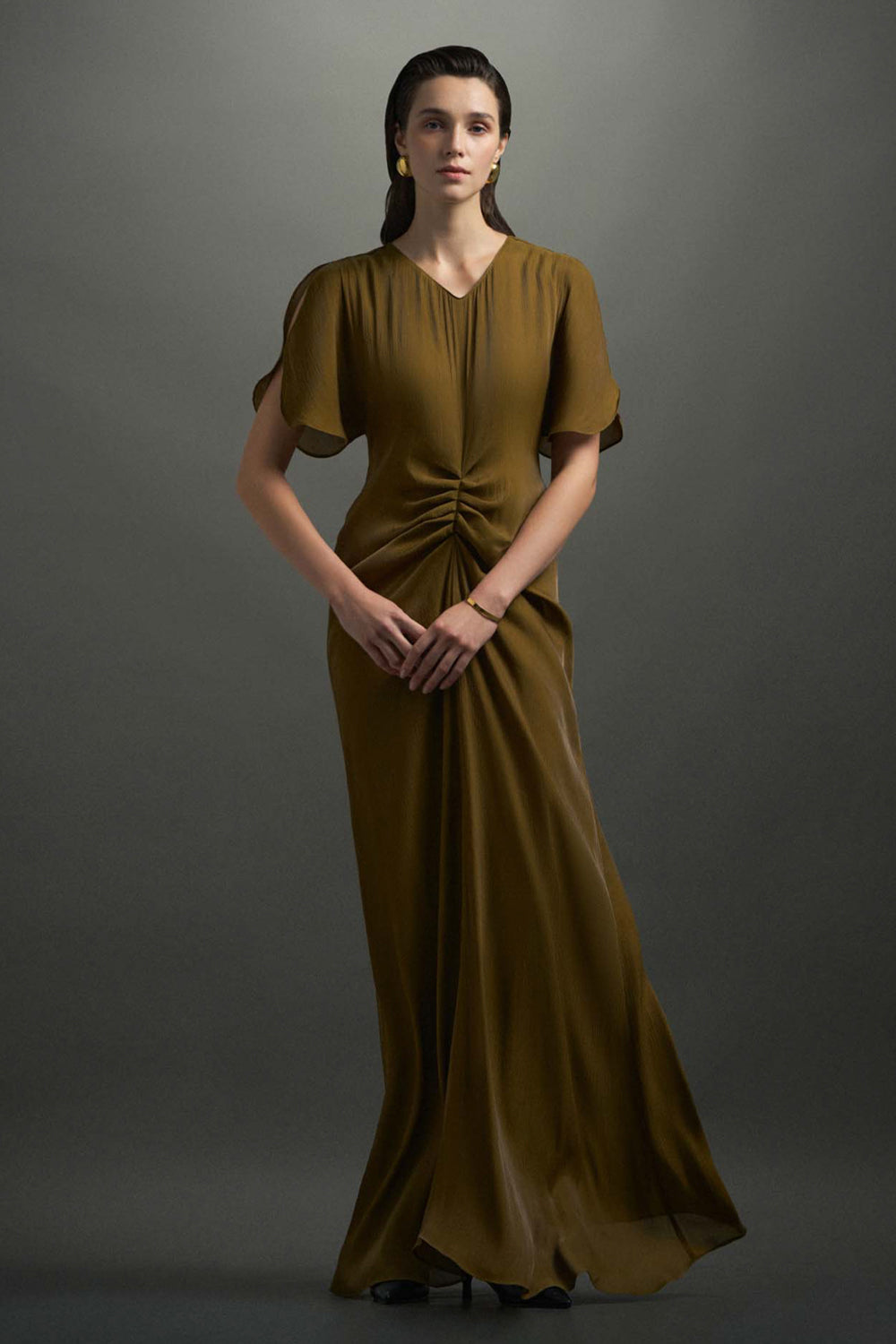 maxi butterfly dress women's Women's Berthe Butterfly Sleeve Gathering Maxi Dress S/M/L/XL/Customize Olive Drab MEAN BLVD Olive Drab / M