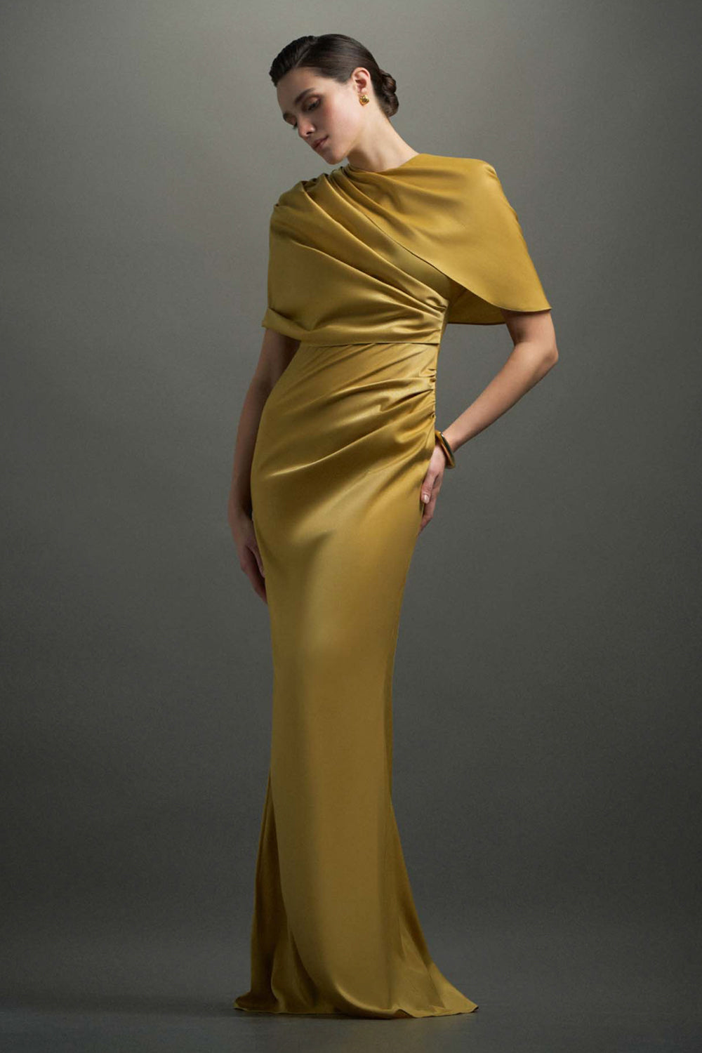Women's Maia Asymmetric Sleeve Draped Maxi Dress S/M/L/XL/Customize Honey  Gold MEAN BLVD