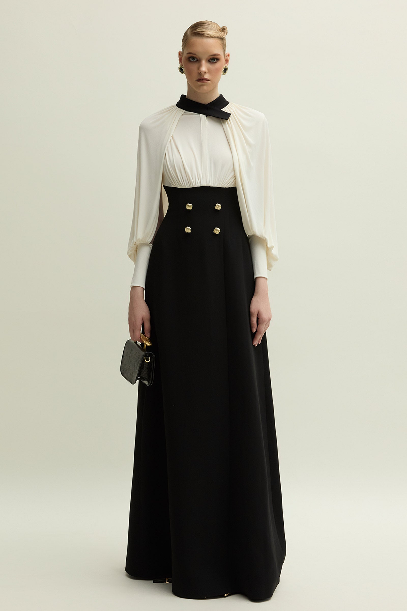 Women's Delina Bishop Sleeve Button Maxi Dress S/M/L/XL/XXL/Customize Ivory  & Black MEAN BLVD
