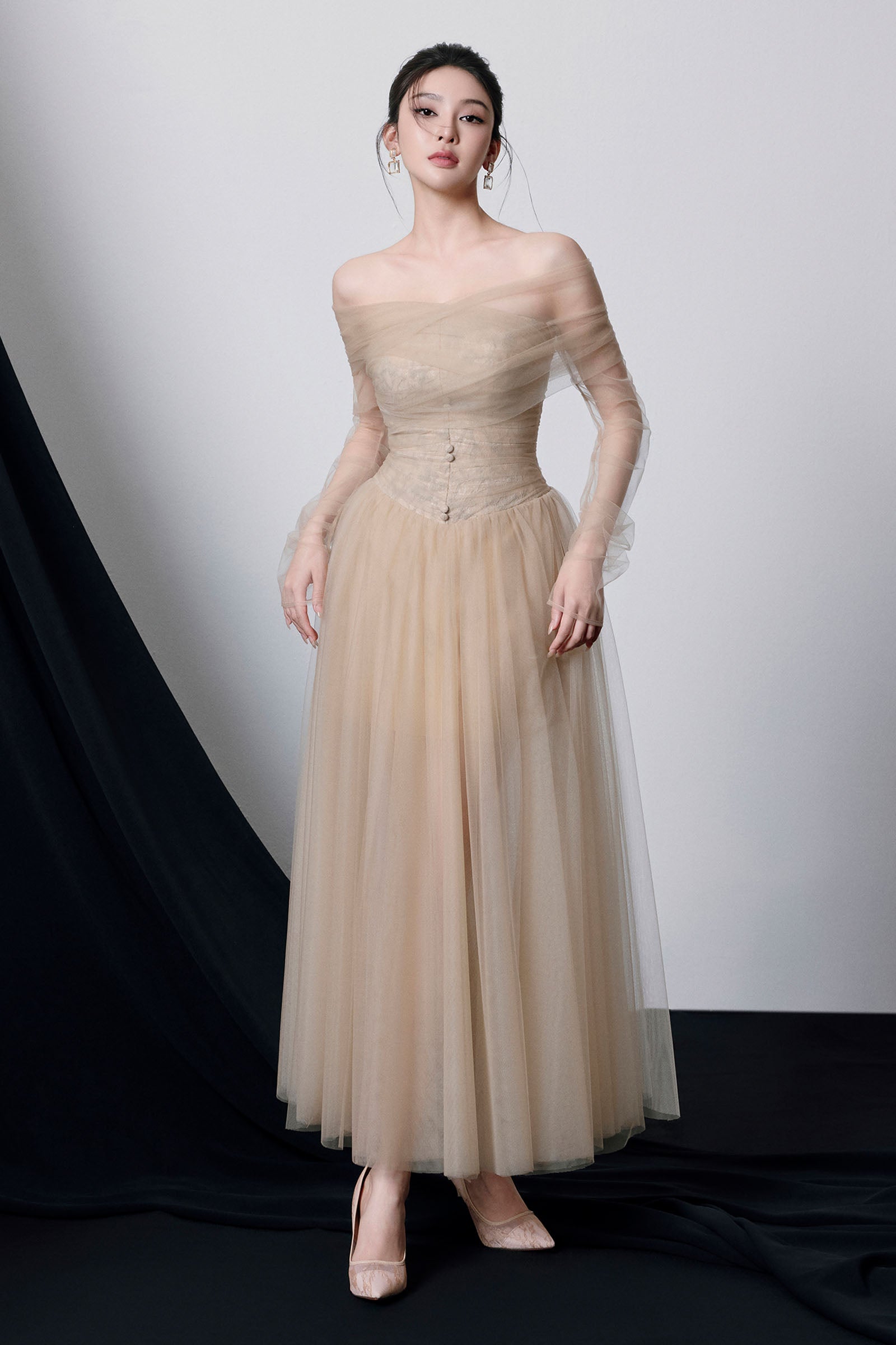 beige off the shoulder maxi dress 'Constance' Off Shoulder Maxi Dress BABY Beige