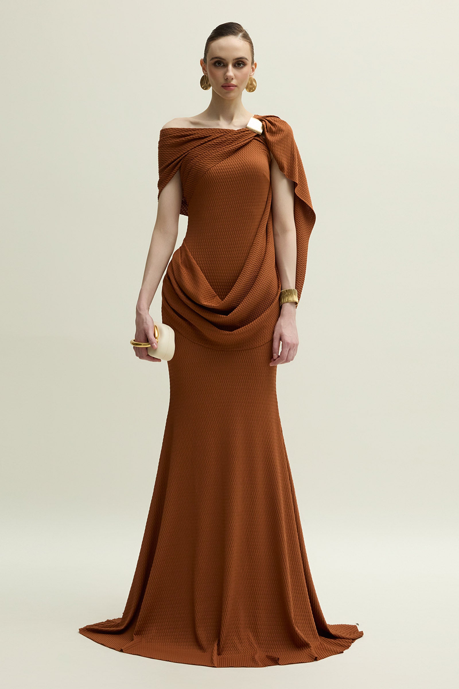 Women's Devon Off-Shoulder Draped Maxi Dress S/M/L/XL/XXL/Customize Burnt  Orange MEAN BLVD