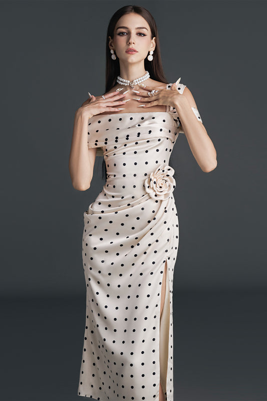 Dinna Slit Asymmetric Neck Silk Calf Length Dress